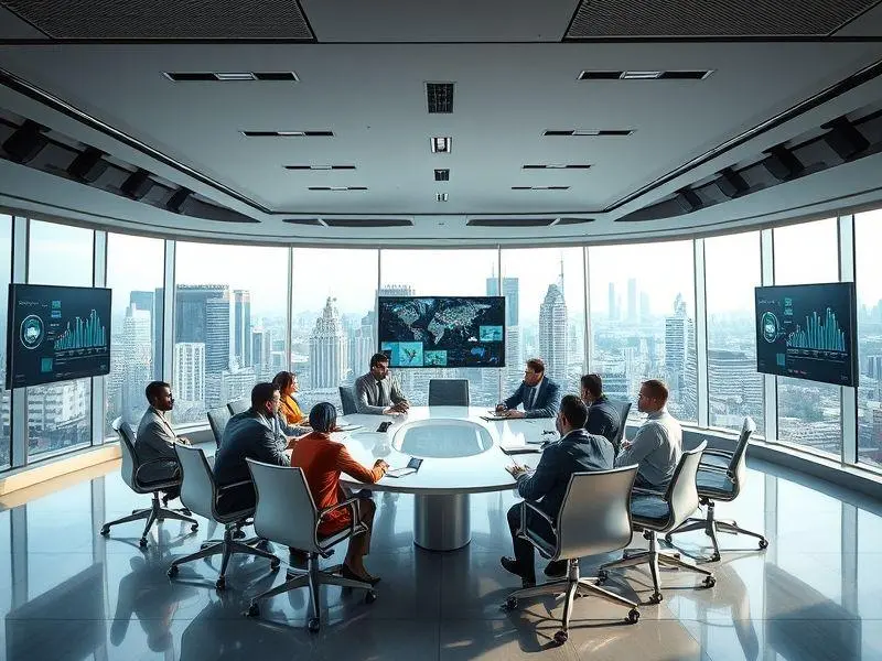 Executivos em reunião discutindo dados e estratégias.