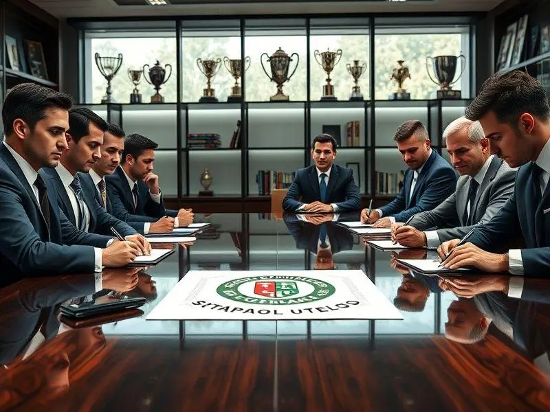 Executivos do Botafogo reunidos discutindo estratégias de reforço para a próxima temporada.