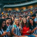 Torcedores de futebol jogando um jogo de adivinhação em seus celulares no estádio.