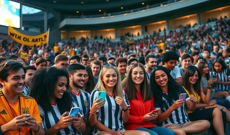 Torcedores de futebol jogando um jogo de adivinhação em seus celulares no estádio.
