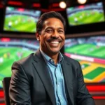 Vanderlei Luxemburgo sorrindo em estúdio de TV como comentarista esportivo.