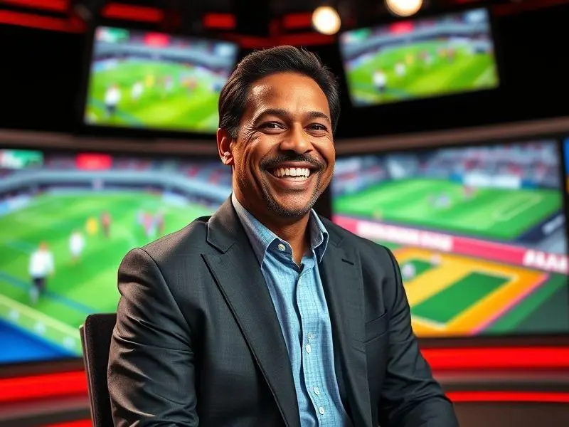 Vanderlei Luxemburgo sorrindo em estúdio de TV como comentarista esportivo.