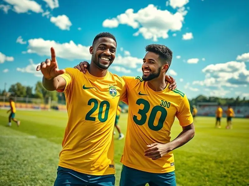Vini Jr. e Estevão sorrindo em treino da seleção brasileira de futebol.