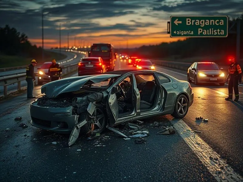Cena de um acidente de carro com equipes de resgate e a placa da cidade de Bragança Paulista ao fundo.