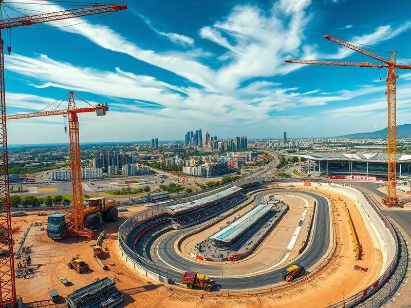 Imagem aérea do autódromo em construção com guindastes, tratores e trabalhadores.