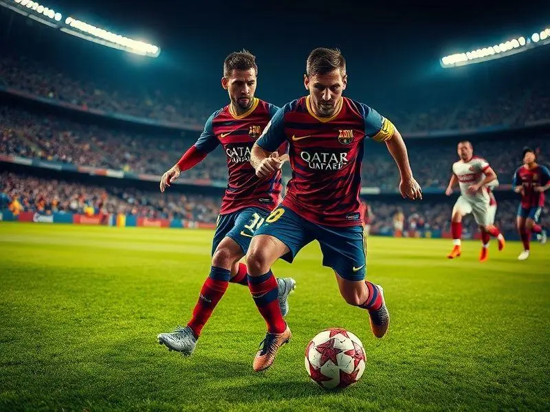 Lionel Messi driblando um defensor do Benfica durante uma partida tensa da Champions League.