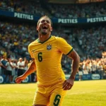 Roberto Carlos comemora gol contra a Argentina no Monumental de Nuñez, 2005.