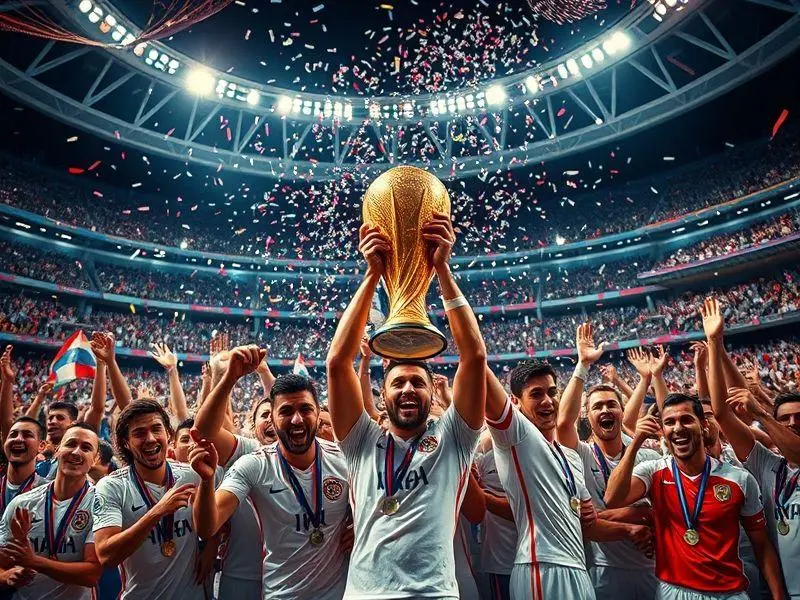 Capitão do time campeão erguendo o troféu dourado sob confetes e luzes no Mundial de Clubes.