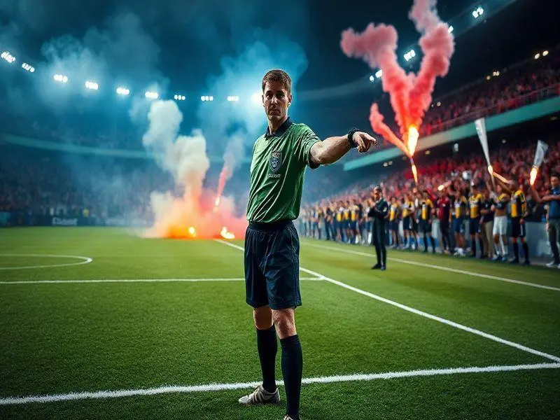 Dirigente do Botafogo discutindo com o árbitro em partida tensa da Recopa, com sinalizadores ao fundo.