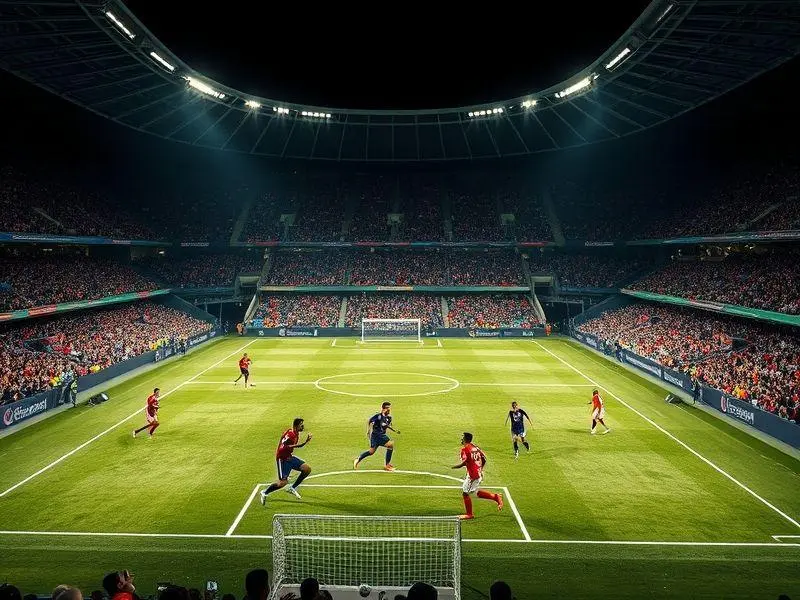 Estádio lotado durante um jogo das Eliminatórias da Copa do Mundo, com jogadores em ação e torcida vibrante.