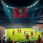 Estádio lotado durante jogo das eliminatórias com torcedores e jogadores.