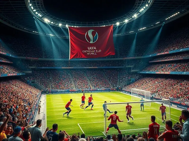 Estádio lotado durante jogo das eliminatórias com torcedores e jogadores.