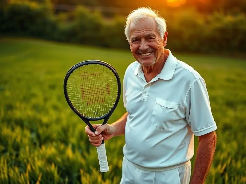 Foto de Fred Stolle sorrindo em uma quadra de tênis ao pôr do sol.