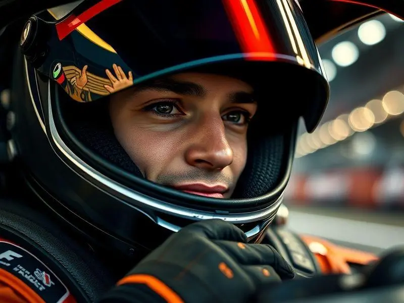 Close-up de Gabriel Bortoleto no cockpit com reflexo de Nico Hulkenberg, Fórmula 1.