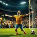 Jogador comemorando gol em estádio lotado no Brasileirão.