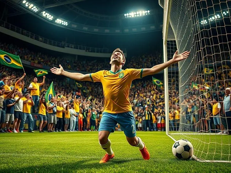 Jogador comemorando gol em estádio lotado no Brasileirão.