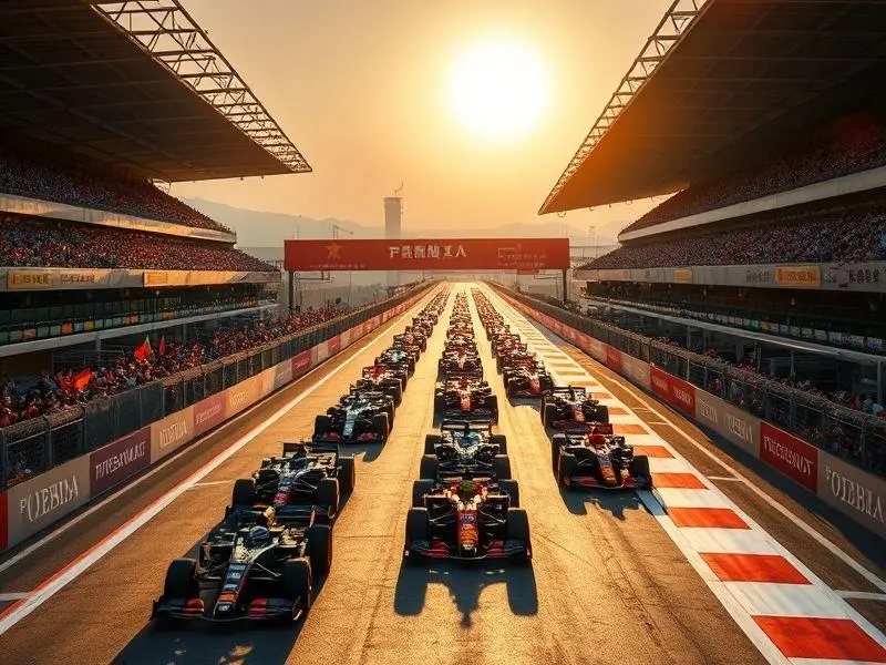 Largada do Grande Prêmio da China de Fórmula 1 com carros alinhados e fãs animados.