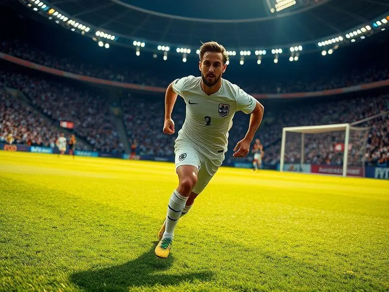 Harry Kane correndo em direção ao gol durante jogo da Inglaterra.