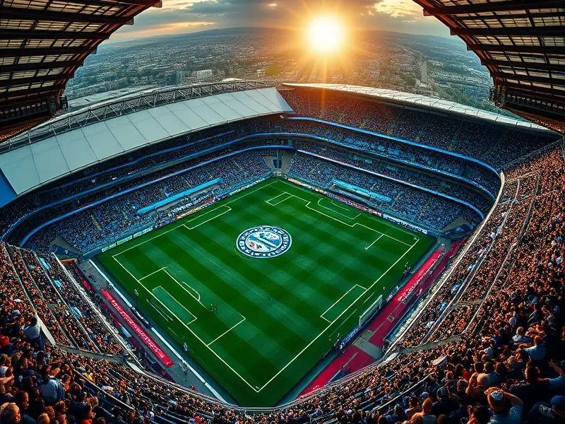 Estádio Portman Road do Ipswich Town lotado, com torcedores celebrando e balões azuis e brancos no céu.