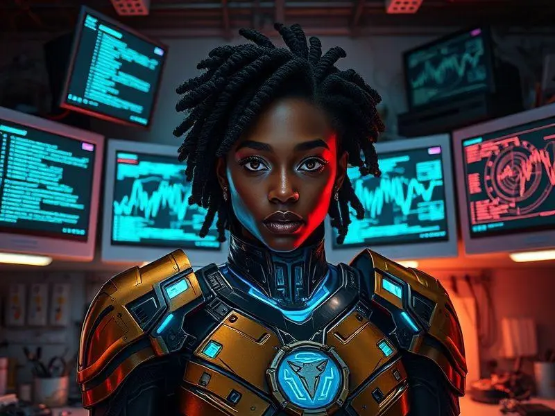 Riri Williams, Ironheart, criando sua armadura em um laboratório ultrarrealista.