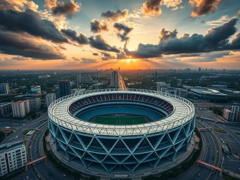 Estádio do Corinthians, Itaquerão, em um pôr do sol dramático.