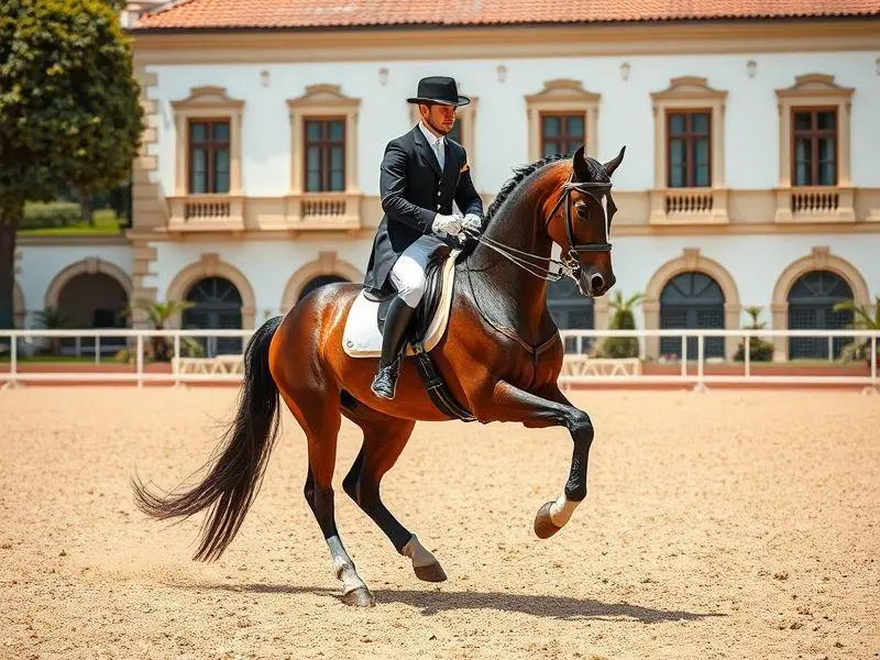 João Victor Oliva montado em cavalo Lusitano durante prova de Dressage na Espanha.