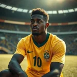 Jogador de futebol sentado no gramado, expressando emoção e introspecção.