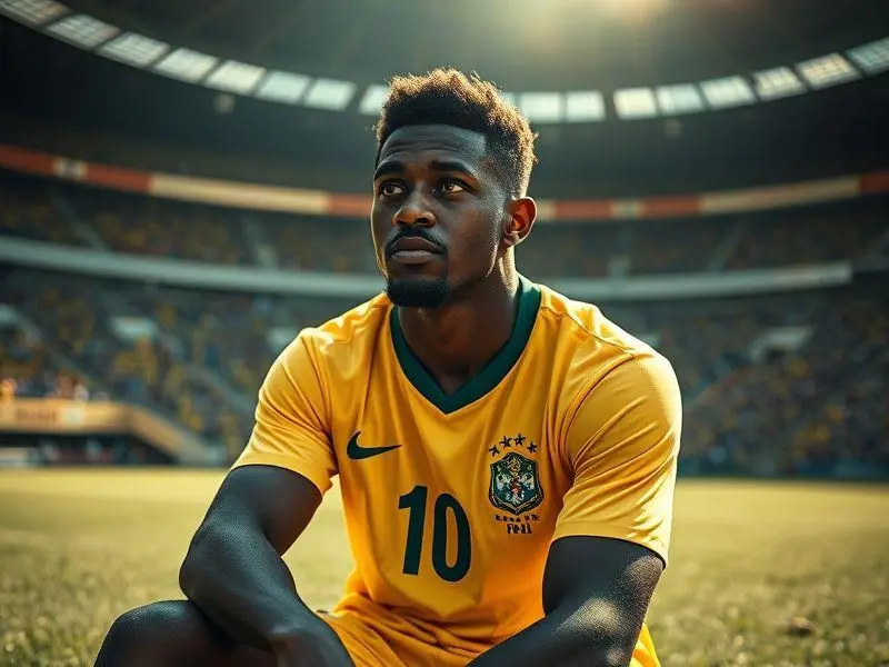 Jogador de futebol sentado no gramado, expressando emoção e introspecção.