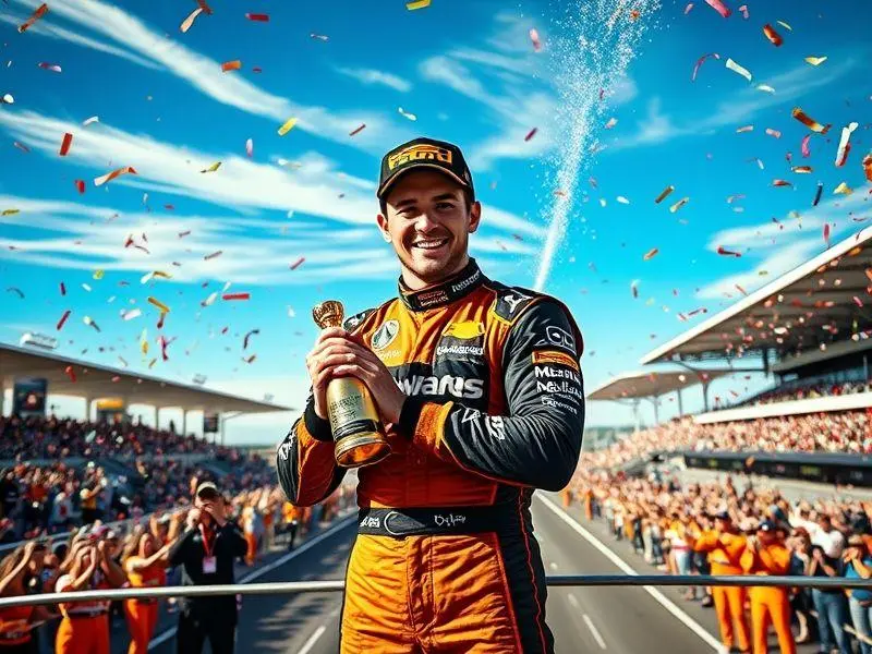 Lando Norris comemora vitória no GP da Austrália com a equipe McLaren.