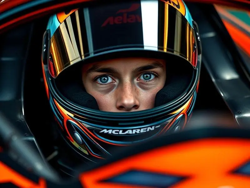Retrato de Lando Norris no carro da McLaren durante uma corrida de Fórmula 1.