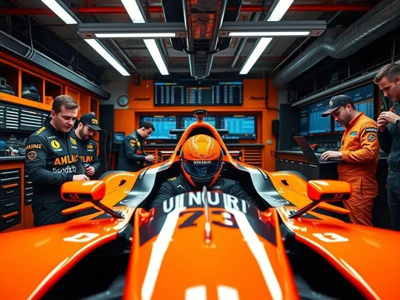 Lando Norris no carro da McLaren durante o TL3 do GP da Austrália, cercado por sua equipe de mecânicos.
