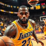 LeBron James driblando durante jogo da NBA, comemorando 50 mil pontos.