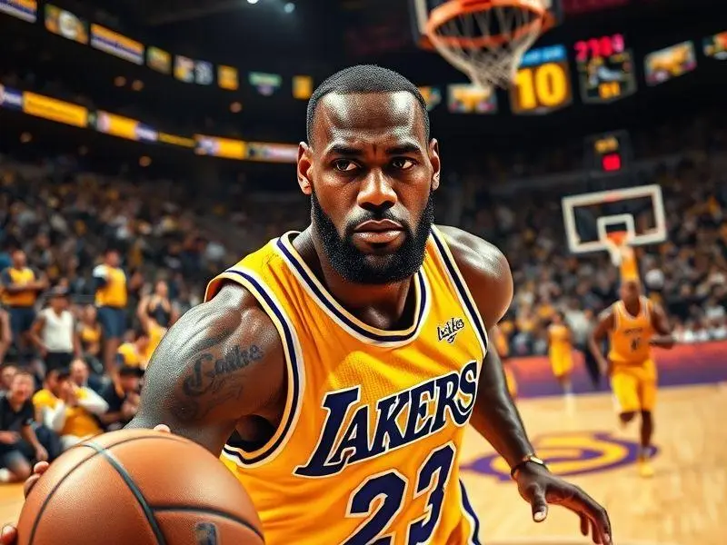 LeBron James driblando durante jogo da NBA, comemorando 50 mil pontos.