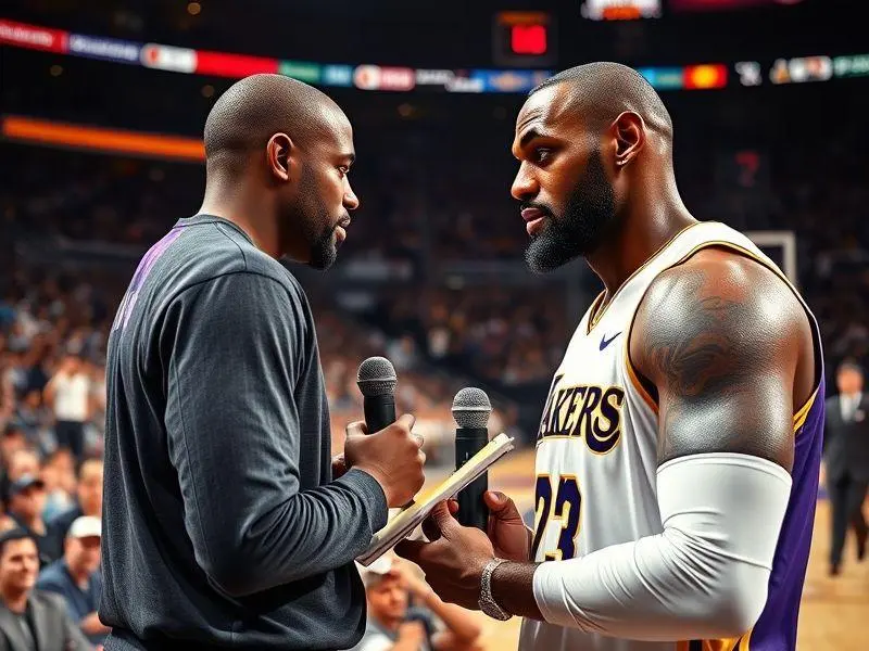 LeBron James defendendo seu filho Bronny de críticas de um jornalista durante um jogo da NBA.