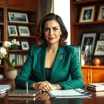 Retrato de Leila Pereira, presidente do Palmeiras, em um ambiente de escritório elegante