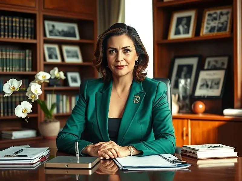 Retrato de Leila Pereira, presidente do Palmeiras, em um ambiente de escritório elegante