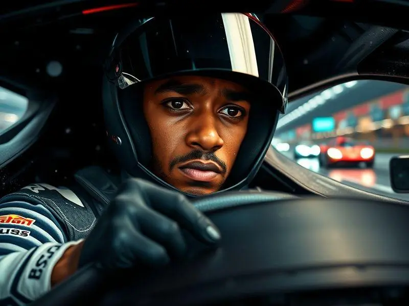 Lewis Hamilton no cockpit durante o Grande Prêmio da China, com expressão de desapontamento.