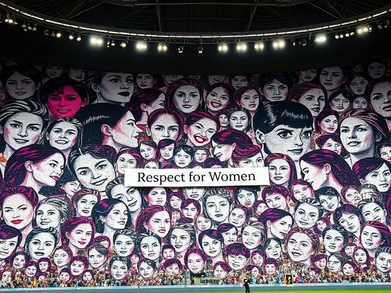 Mosaico de rostos femininos com a frase 'Respeito às Mulheres' na Neo Química Arena.