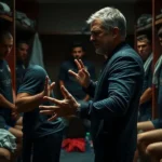José Mourinho repreendendo jogador em vestiário de futebol.