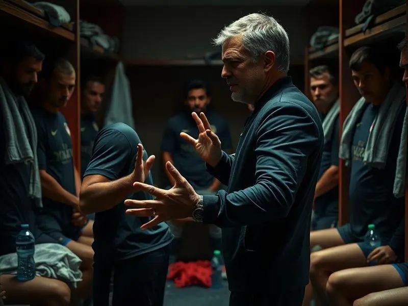 José Mourinho repreendendo jogador em vestiário de futebol.