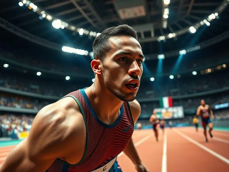 Atleta competindo em corrida no Mundial Indoor de Atletismo, com foco na largada e no esforço visível.