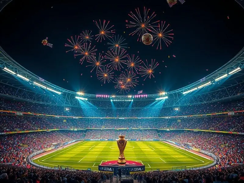 Estádio iluminado com troféus, confetes e notas de dinheiro caindo, representando o Mundial de Clubes.