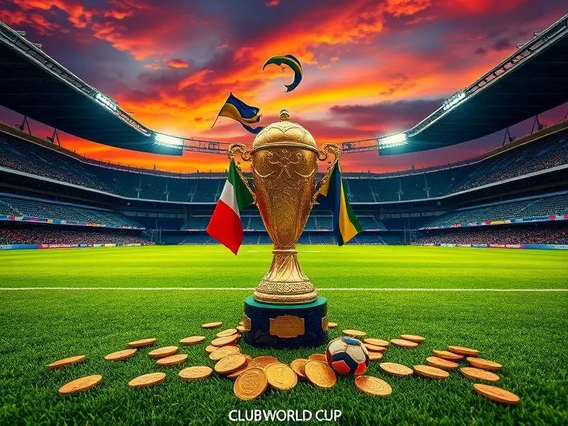 Troféu do Mundial de Clubes cercado por moedas de euro e bandeiras dos clubes brasileiros.