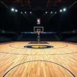 Quadra de basquete vazia, iluminada para o jogo Pacers vs Nets.