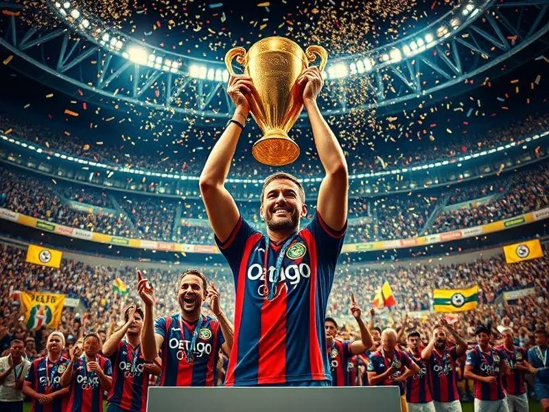 Jogador do Botafogo erguendo a taça do Super Mundial de Clubes sob confetes dourados.