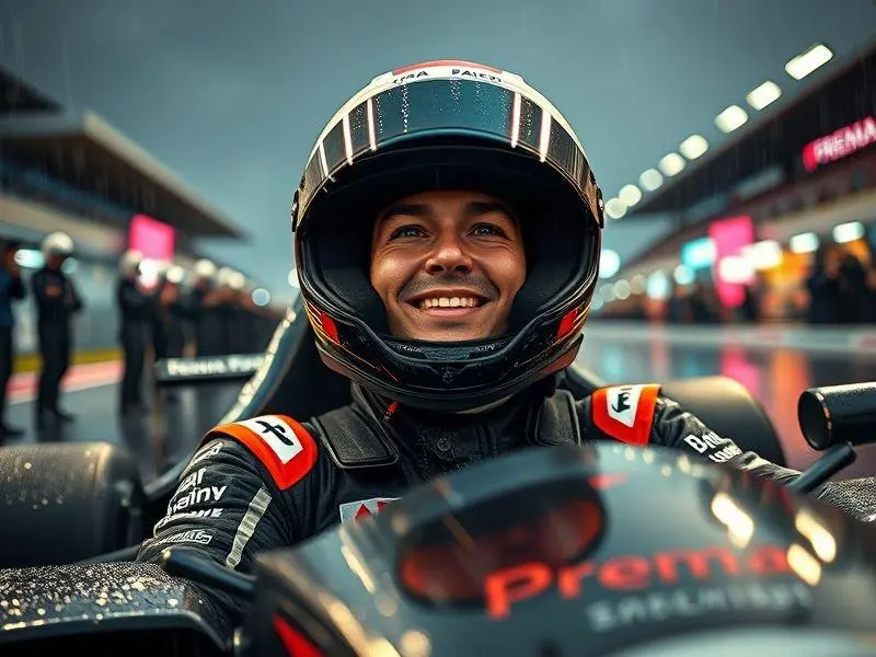 Rafael Câmara comemora a vitória na Fórmula 3 em Sakhir, em meio à chuva e à celebração da equipe.