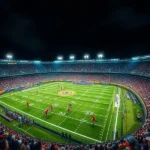 Visão noturna de um estádio de futebol americano lotado durante um jogo crucial com foco em rebaixamento.