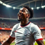 Bukayo Saka comemora gol da vitória contra a Letônia.