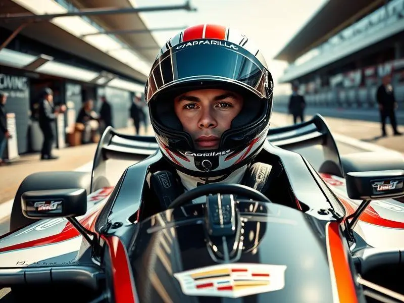 Sergio Perez dirigindo o carro da Cadillac de F1 durante os testes de pré-temporada, com a equipe da Cadillac ao fundo.