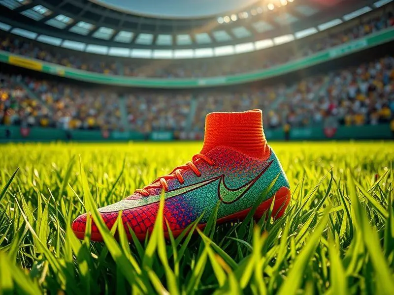 Chuteira de futebol feminino em primeiro plano, com estádio vibrante ao fundo.